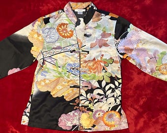 Natori Silk-Style Floral Mandarin Jacket | Designer Asian-Inspired Top | Vintage Luxury Statement Piece | Size Small