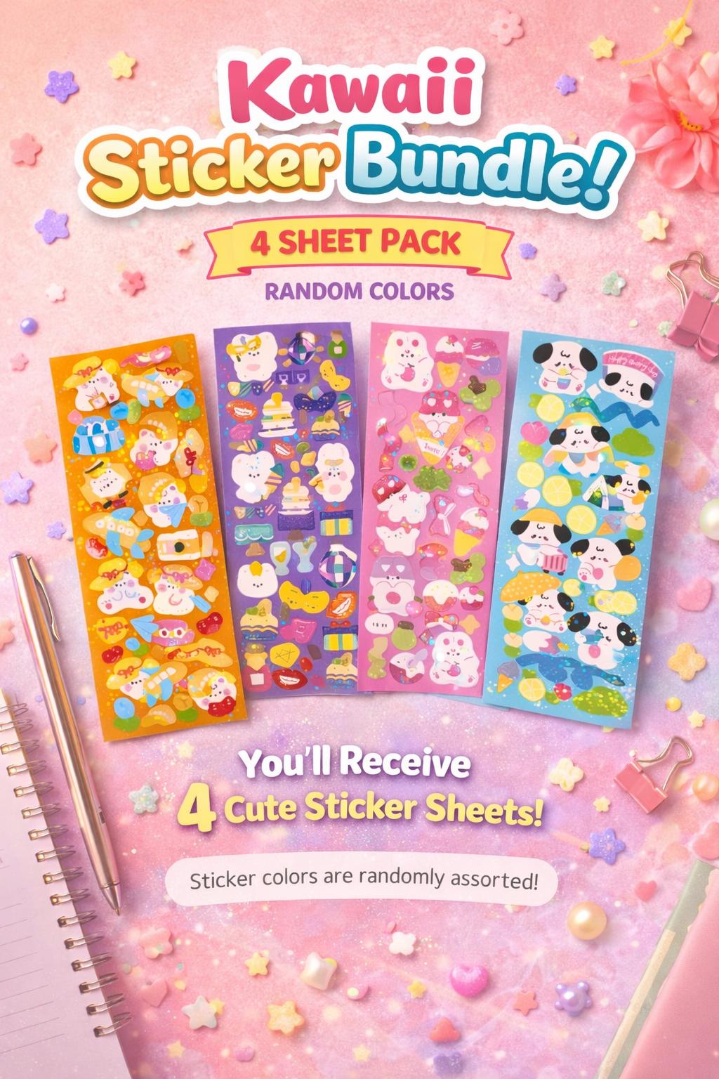Kawaii Sticker Bundle | Cute Sticker Sheets | 4 Sheet Sticker Pack ...