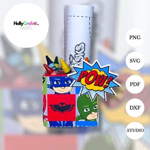 May include: A vibrant crayon holder decorated with cartoon characters and a "POW!" speech bubble. The holder contains crayons and a roll of paper. The design is aimed at children.