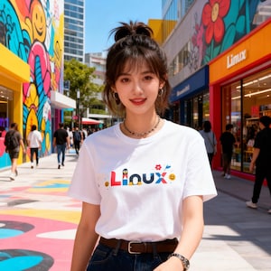 Puede incluir: Una persona con una camiseta blanca con la palabra "Linux" en letras coloridas y un gráfico de pingüino. Lleva vaqueros azules y un cinturón marrón. El fondo presenta murales coloridos y escaparates.