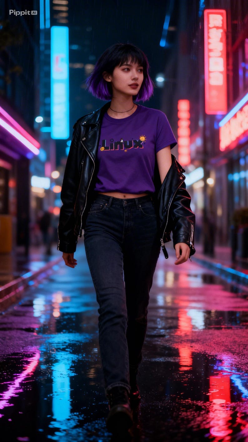 Puede incluir: Una persona lleva una camiseta morada con la palabra "Linux" y un gr&aacute;fico de sol, una chaqueta de cuero negra y vaqueros oscuros. El fondo es una calle de la ciudad iluminada con ne&oacute;n con reflejos en el pavimento mojado.