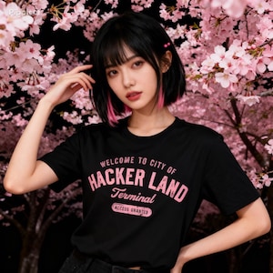 May include: Black t-shirt with pink text reading "WELCOME TO CITY OF HACKER LAND Terminal ACCESS GRANTED". The background shows pink cherry blossom flowers.