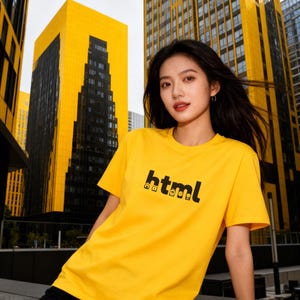 Può includere: Una maglietta gialla con la scritta "html" in lettere nere. La maglietta è a maniche corte e la modella indossa pantaloncini neri. Lo sfondo presenta edifici gialli e neri.