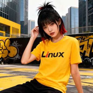 May include: A yellow t-shirt with the word "Linux" in black lettering. The person is wearing black pants and has black hair with red highlights. The background features city buildings and graffiti.