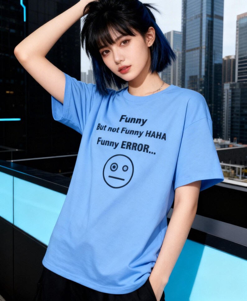 Puede incluir: Una camiseta azul claro con el texto "Funny But not Funny HAHA Funny ERROR..." y un gr&aacute;fico de cara simple. La camiseta tiene mangas cortas y cuello redondo.