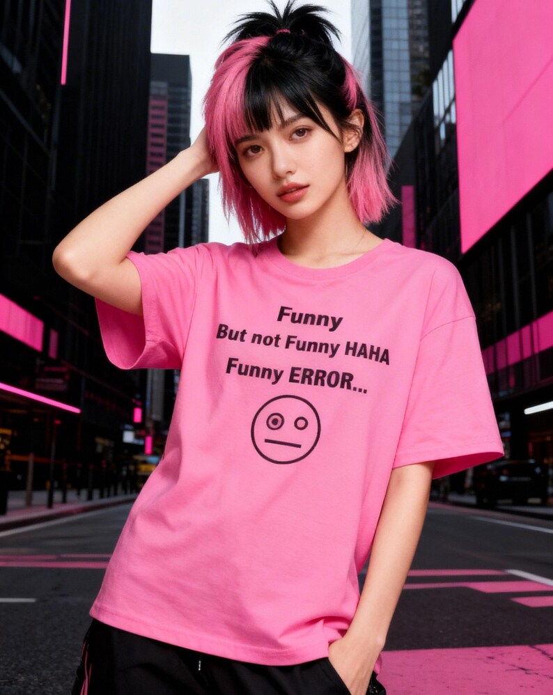 Puede incluir: Una camiseta rosa con el texto "Funny But not Funny HAHA Funny ERROR..." y un dibujo de una cara simple. La camiseta es de manga corta.