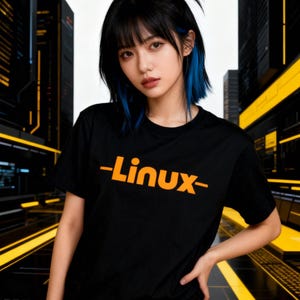 Puede incluir: Camiseta negra con la palabra "-Linux-" en naranja. La persona de la imagen tiene cabello negro con reflejos azules. El fondo presenta un paisaje urbano futurista con acentos amarillos y negros.