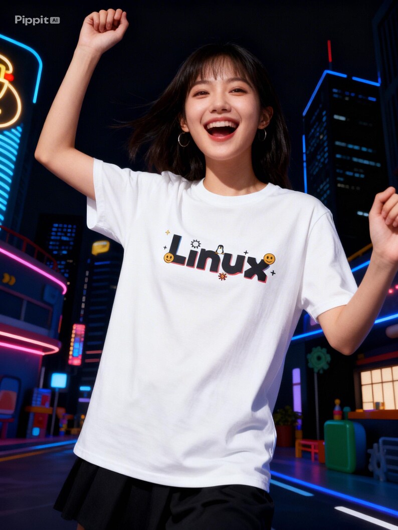Puede incluir: Una camiseta blanca con la palabra "Linux" en una fuente estilizada, con un ping&uuml;ino y emoticonos sonrientes. La camiseta la lleva una persona sonriendo con los brazos levantados. El fondo muestra una escena urbana con luces de ne&oacute;n.