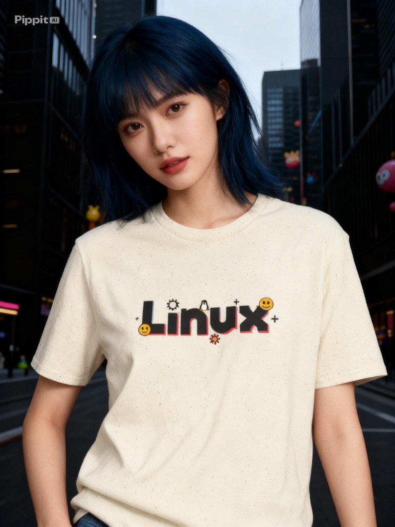 Puede incluir: Camiseta color crema con la palabra "Linux" en negro y rojo, con emoticonos y otros gr&aacute;ficos. La camiseta la lleva una persona con el pelo azul oscuro.