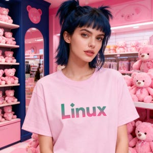 May include: A pink t-shirt with the word "Linux" in a green to pink gradient. The person is in a pink-themed shop filled with pink teddy bears. The person has blue hair and is looking at the camera.