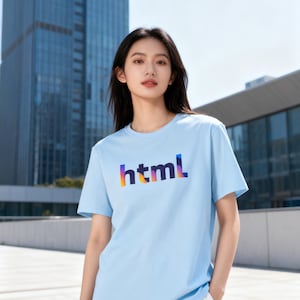Op de afbeelding: Lichtblauw T-shirt met korte mouwen en het woord "html" in een regenboogverloop. Het T-shirt is gemaakt van een zacht materiaal. Het model draagt een witte broek. De achtergrond toont een modern gebouw.