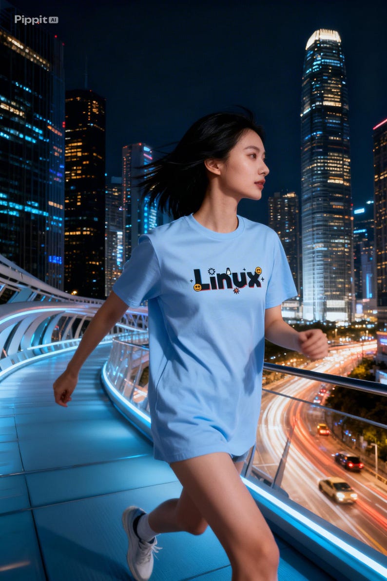 Puede incluir: Una camiseta azul claro con la palabra "Linux" en una fuente colorida y estilizada. La camiseta la lleva una persona corriendo por una pasarela moderna e iluminada por la noche, con un paisaje urbano de fondo.