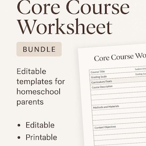 May include: A white worksheet titled "NCAA Core Course Worksheet" with a bundle label. Text includes "Editable templates for homeschool parents," and bullet points for "Editable," "Printable," and "NCAA-Friendly."