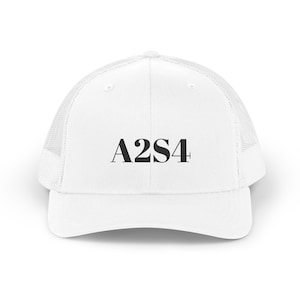 May include: White trucker hat with a mesh back and a curved brim. The hat features the black text "A2S4" centered on the front. A classic and stylish accessory.
