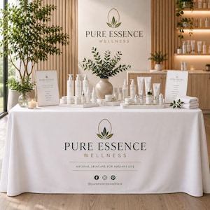 Custom Tablecloth with Logo, Personalized Wellness Beauty Table Cover for Skincare Events, Trade Shows  Vendor Displays