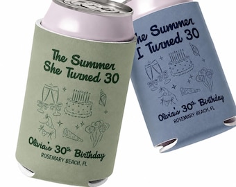 Personalisierte Geburtstags-Dosenkühler, kundenspezifische Geburtstags-Gastgeschenke, der Sommer, den sie drehte 30 40 50., Bachelorette Bier Hugger Geschenk