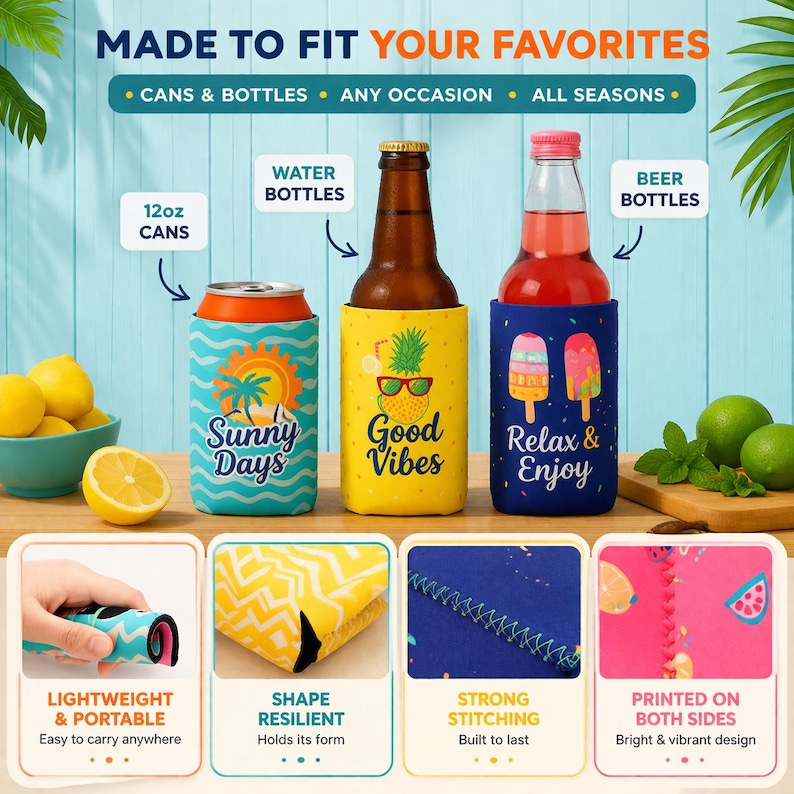 May include: Three neoprene beverage insulators for 12oz cans, water bottles, and beer bottles. The first is teal with a sun graphic and text Sunny Days. The second is yellow with a pineapple graphic and text Good Vibes. The third is navy with popsicle graphics and text Relax & Enjoy.