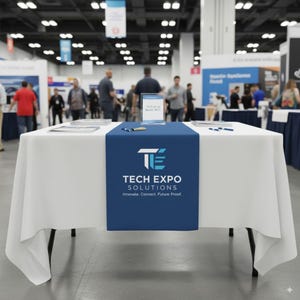 May include: A white tablecloth covers a table with a blue runner featuring the text "TECH EXPO SOLUTIONS." The logo is white and teal. The table is in a convention center with people in the background.
