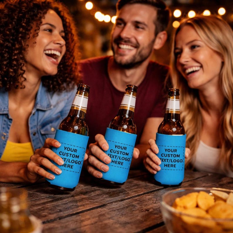 May include: Three bright blue foam beer can coolers, each featuring the printed text "YOUR CUSTOM TEXT/LOGO HERE" in black, wrapped around brown glass beer bottles held by three individuals in a social setting with warm ambient lighting.