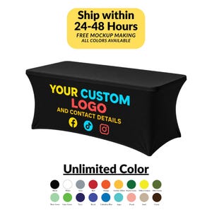 May include: A black rectangular stretch table cover featuring the text YOUR CUSTOM LOGO AND CONTACT DETAILS in yellow, blue, and red, with Facebook, TikTok, and Instagram icons. Below, a color palette shows twenty available fabric options.