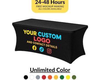 May include: A black rectangular stretch table cover featuring the text YOUR CUSTOM LOGO AND CONTACT DETAILS in yellow, blue, and red, with Facebook, TikTok, and Instagram icons. Below, a colour palette shows twenty available fabric options.