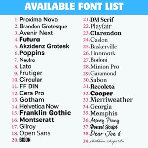 May include: A list titled AVAILABLE FONT LIST containing thirty-nine numbered entries of various typefaces including Proxima Nova, Futura, Helvetica Now, and Bickham Script Pro, displayed in black text on a white background with a blue header.