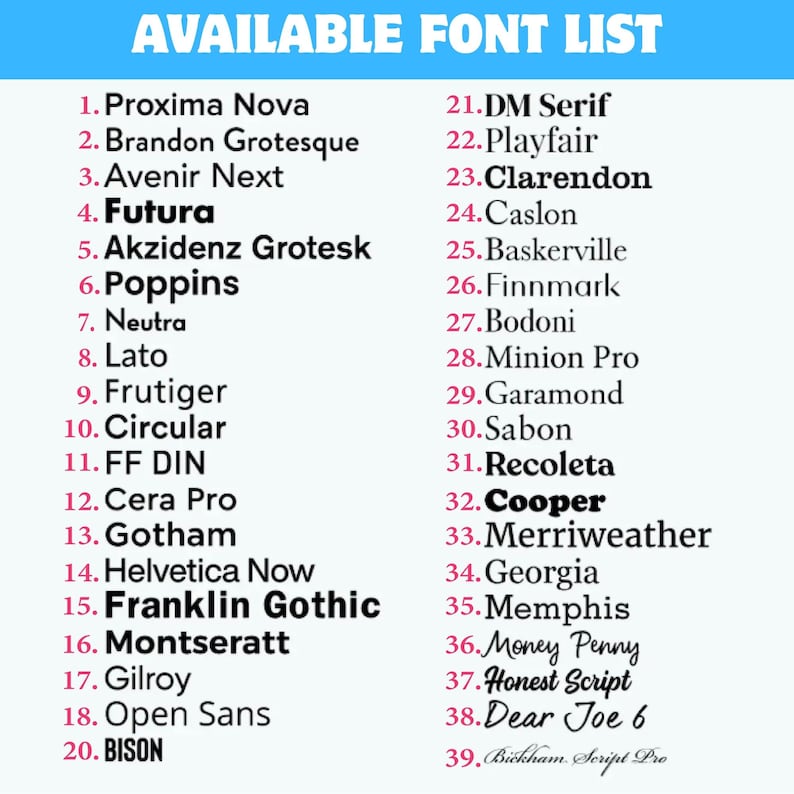May include: A list titled AVAILABLE FONT LIST containing thirty-nine numbered entries of various typefaces including Proxima Nova, Futura, Helvetica Now, and Bickham Script Pro, displayed in black text on a white background with a blue header.