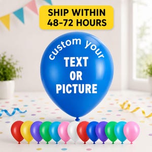 May include: A large blue balloon featuring the white text custom your TEXT OR PICTURE, positioned above a row of smaller balloons in red, yellow, purple, green, light blue, pink, and white, all arranged on a surface with colorful confetti.