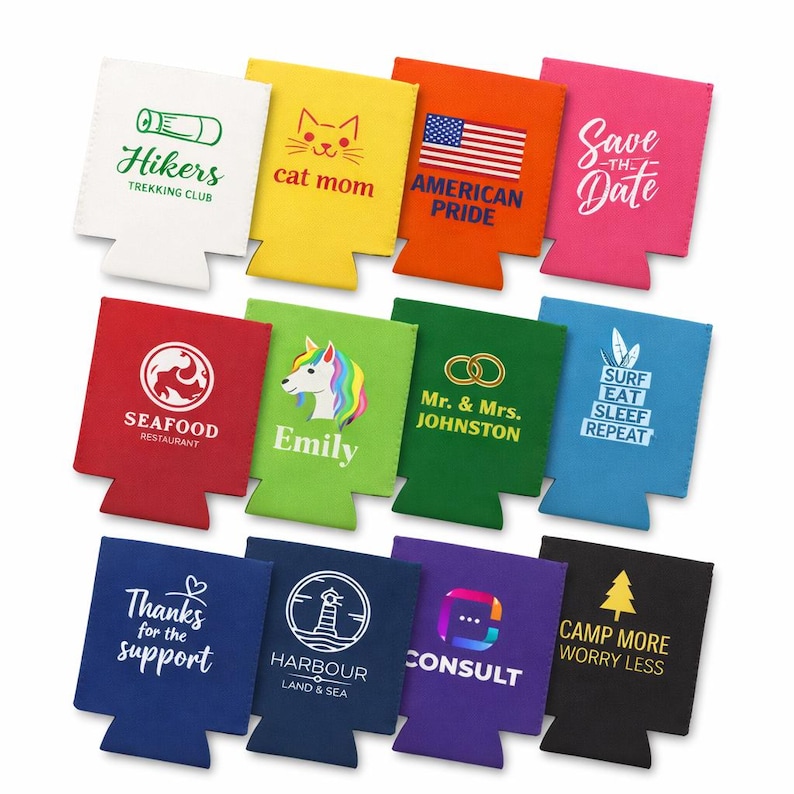 May include: A collection of twelve foam can coolers in various colours including white, yellow, orange, pink, red, light green, dark green, blue, navy, purple, and black, each featuring unique graphic prints and text designs.