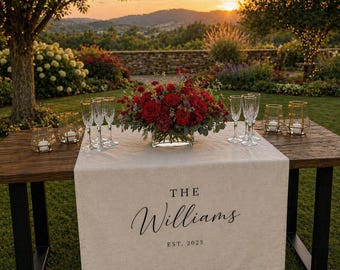 Benutzerdefinierte Hochzeit Tischläufer personalisierte Nachname Zeichen, benutzerdefinierte Leinen Sweetheart Tischdekoration Hochzeit Empfang Banner Geschenk für Paare