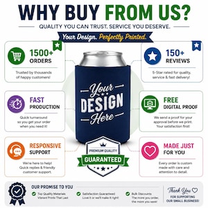 May include: A navy blue foam can cooler featuring the white text Your Design Here. The image includes informational text boxes detailing services such as 1500+ orders, fast production, responsive support, 150+ reviews, and free digital proof.