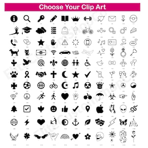 May include: A grid of 120 black and white clip art icons arranged in rows and columns, each labelled with a code from C1 to C120. The icons include symbols like hearts, stars, animals, sports equipment, and various objects. The text Choose Your Clip Art is at the top.