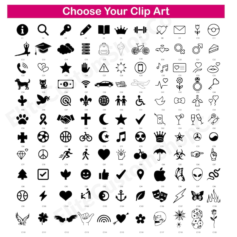 May include: A grid of 120 black and white clip art icons arranged in rows and columns, each labelled with a code from C1 to C120. The icons include symbols like hearts, stars, animals, sports equipment, and various objects. The text Choose Your Clip Art is at the top.