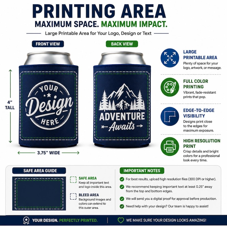 May include: A navy blue foam can cooler measuring 10.16 cm tall and 9.53 cm wide. The front displays a circular logo with the text 'YOUR DESIGN HERE'. The back features a white mountain graphic with the text 'ADVENTURE AWAITS'.