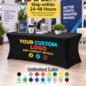 May include: A black rectangular fitted table cover featuring the text YOUR CUSTOM LOGO AND CONTACT DETAILS in yellow, blue, and red, with social media icons. Below, a color chart displays twenty circular swatches with labels for color options.