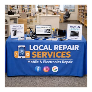 May include: A blue table cover displays "LOCAL REPAIR SERVICES" with a phone graphic and social media icons. Signs advertise phone, tablet, and laptop repair, including "FREE DIAGNOSTICS" and "BROKEN LAPTOP?" Two laptops, pens, and business cards are on the table.