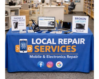 Benutzerdefinierte Tischdecke für die mobile Werkstatt, personalisierte Telefonreparaturstandabdeckung, Markentischdecke für Tech Events, Messestände