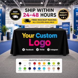 May include: A black rectangular table cover featuring the text Your Custom Logo in yellow, blue, and pink, with Facebook, TikTok, and Instagram icons. Below, a colour chart displays twenty-two circular swatches with labels including Black, White, and Navy.