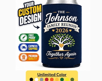 Benutzerdefinierte Dosenkühler für Familientreffen | Personalisierter Dosenhalter-Bulk-Gastgeschenke | Name & Jahr Drink Sleeve Geschenke Hochzeit BBQ Party Favor