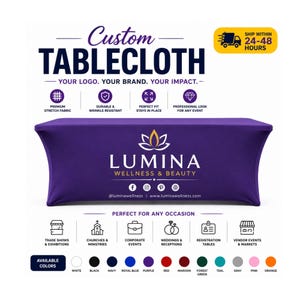 Pode incluir: Uma toalha de mesa de tecido elástico roxo com o logótipo e texto brancos da Lumina Wellness & Beauty. O design inclui um ícone de flor de lótus, ícones de redes sociais e um endereço web. Abaixo da toalha, uma paleta mostra doze opções de cores disponíveis, incluindo branco, preto, azul-marinho, azul-real, roxo, vermelho, bordô, verde-floresta, azul-petróleo, cinzento, rosa e laranja.