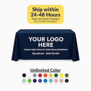 May include: A navy blue custom table throw for trade shows and exhibitions. The table cover features the text "YOUR LOGO HERE" in white, along with contact information. The image also displays a colour palette with various colour options.
