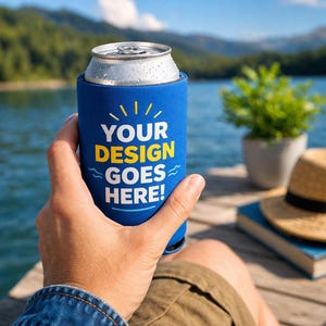 May include: A blue foam can cooler sleeve featuring the white and yellow text "YOUR DESIGN GOES HERE!" with a sunburst graphic above and wavy lines on the sides, wrapped around a silver aluminium beverage can with condensation droplets.