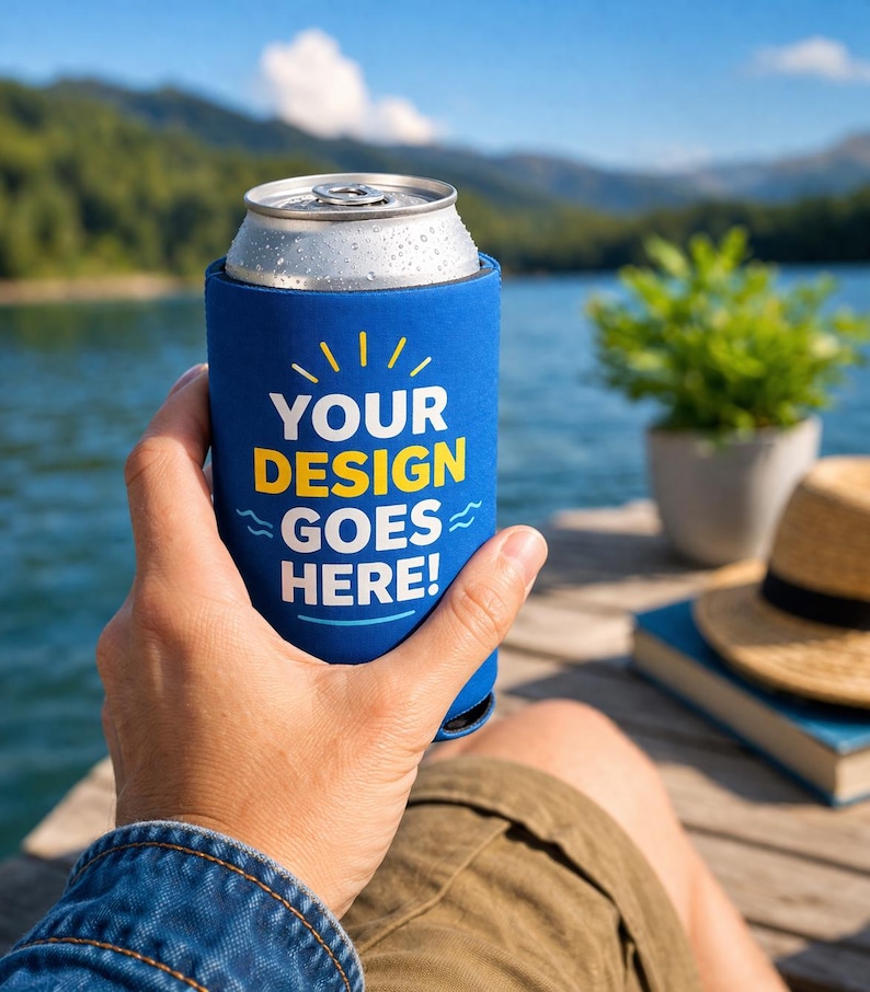 May include: A blue foam can cooler sleeve featuring the white and yellow text "YOUR DESIGN GOES HERE!" with a sunburst graphic above and wavy lines on the sides, wrapped around a silver aluminium beverage can with condensation droplets.