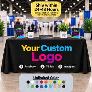 May include: A black table cover featuring the text Your Custom Logo in yellow, blue, and pink, with Facebook, TikTok, and Instagram icons. Includes a matching sign, pen holder, and small plant, all displaying the same custom logo design.