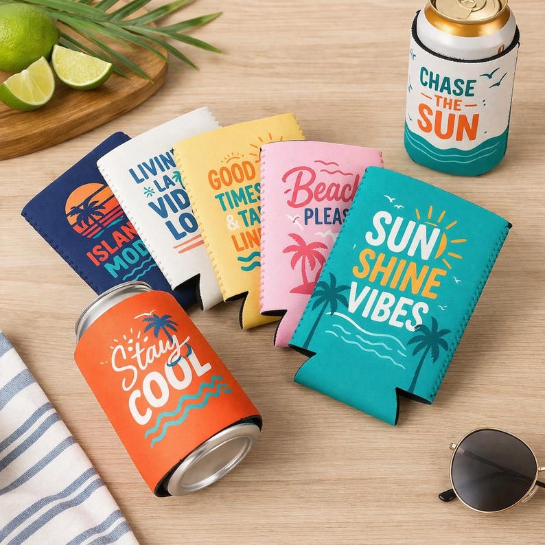 May include: A collection of six neoprene can coolers in various colours including orange, navy, white, yellow, pink, and teal. Each cooler features summer-themed graphics and text such as Stay Cool, Island Mode, Living La Vida, Good Times, Beach Please, and Sunshine Vibes.