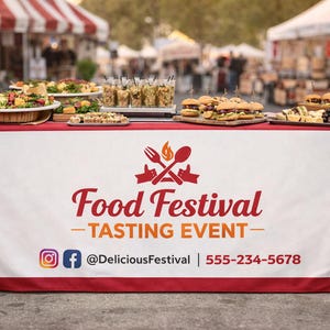 Puede incluir: Un evento de degustación de un festival gastronómico se exhibe en una mesa cubierta con un mantel rojo y blanco. La mesa está cargada con varias muestras de comida, incluyendo ensaladas, sliders y postres. El logotipo del evento está impreso en el mantel.