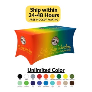 May include: A multi-coloured table cover featuring the text "Little Sleep Wonders" and a sloth logo. The cover has a gradient design, transitioning from red to blue. The text "Pediatric Sleep-Coaching" is also visible. A colour palette is also shown.