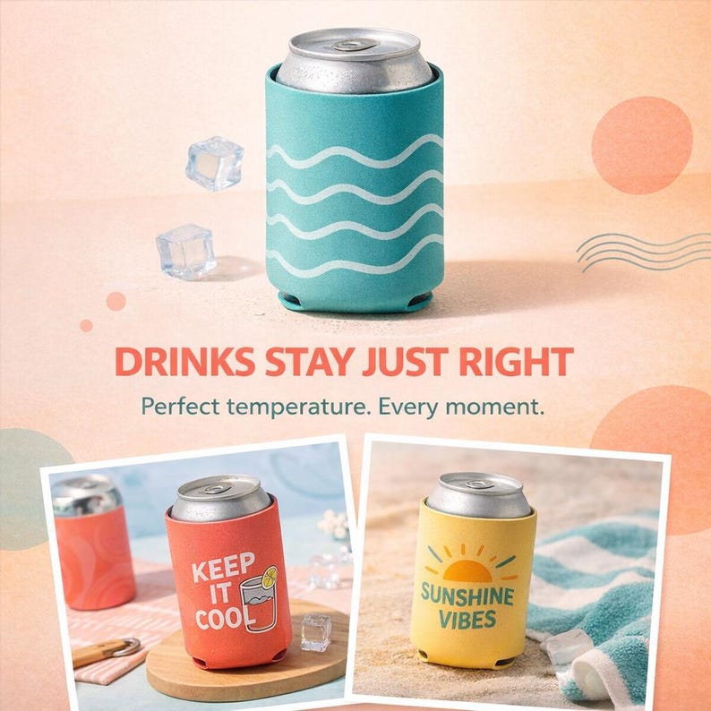 May include: A teal foam can cooler with white wavy lines. Below, a coral cooler features the text KEEP IT COOL with a drink illustration, and a yellow cooler displays the text SUNSHINE VIBES with a sun graphic. The text DRINKS STAY JUST RIGHT is visible.
