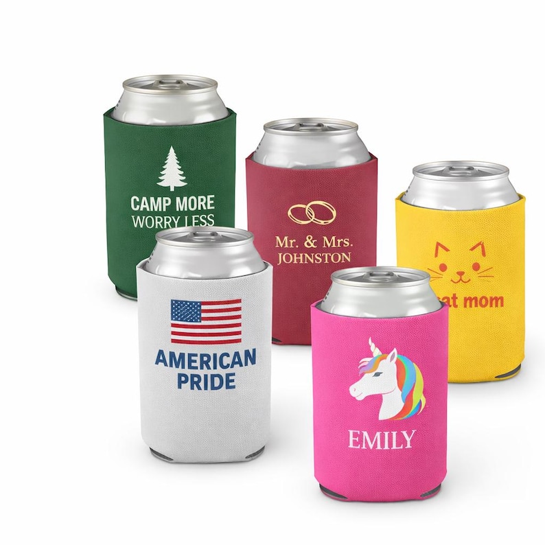 May include: Five foam beverage can coolers in green, red, white, yellow, and pink. The green cooler features a pine tree and text reading CAMP MORE WORRY LESS. The red one shows two rings and Mr. & Mrs. JOHNSTON. The white one displays an American flag and AMERICAN PRIDE. The yellow one has a cat face and cat mom text. The pink one features a unicorn and the name EMILY.