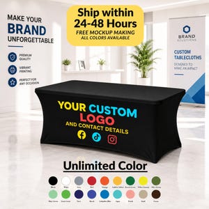 May include: A black rectangular fitted tablecloth featuring the text YOUR CUSTOM LOGO AND CONTACT DETAILS in yellow, blue, and red, with social media icons. Below, a colour palette chart displays twenty-one distinct colour options for customisation.